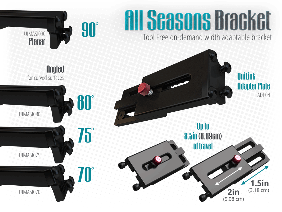 All Seasons bracket allows for quick width adjustments without the need of special tools.